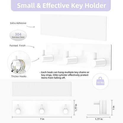 VIS'V Key Holder Wall Mount, Small Metal Self Adhesive Key Hanger with 3 Hooks, No Drilling, Extra Adhesive Strip, White