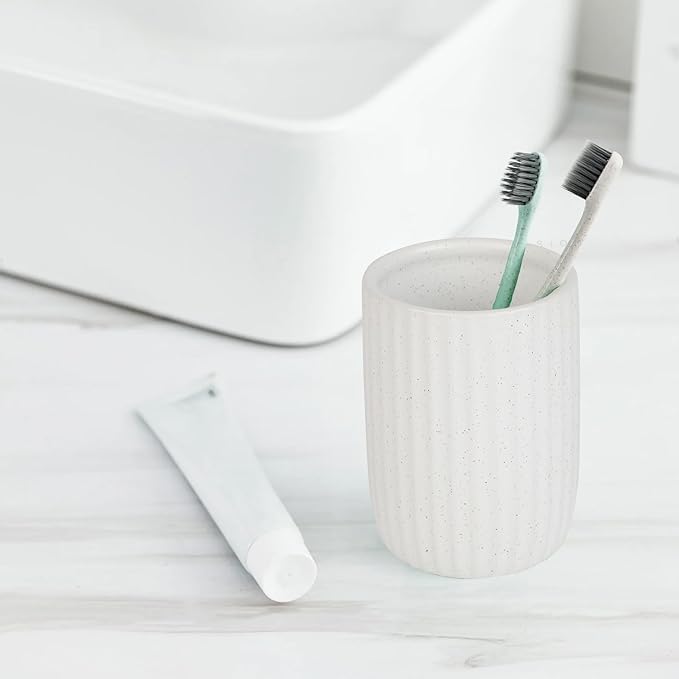 VivaBelle 8 oz Toothbrush Holders for Bathroom, Ceramic Tooth Brushing Dispenser, Small Tooth Brush Organizer for Countertop, Toothpaste Storage Stand, Tumbler Storage Cup for Makeup Brushes -White