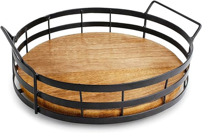 Lazy Susan Turntable Organizer with Handle, Cabinet Pantry Kitchen Countertop - Spinning Spice Rack - Large Round Serving Tray - Made Wood and Sturdy Iron Bars