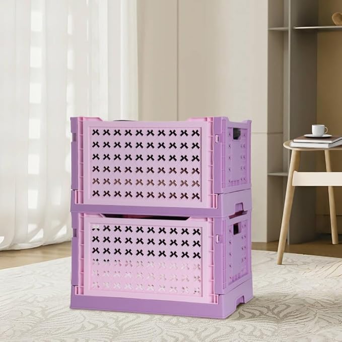 Stackable Plastic Closet Storage Basket, 2 Pack Foldable Closet Organizers and Storage Bins, Decorative Basket for Closet, Shelves, Laundry, Wardrobe Organizing (Pink Purple)