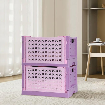 Stackable Plastic Closet Storage Basket, 2 Pack Foldable Closet Organizers and Storage Bins, Decorative Basket for Closet, Shelves, Laundry, Wardrobe Organizing (Pink Purple)
