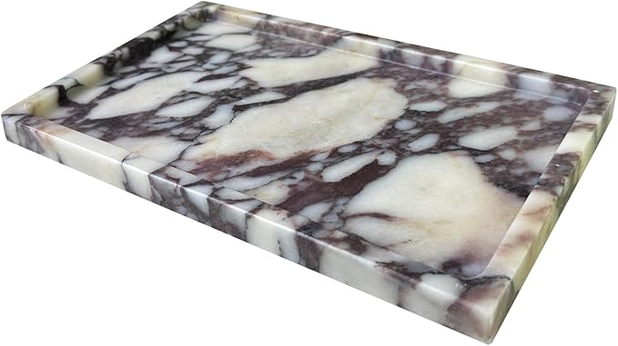 OAIQNUJ Natural Marble Vanity Tray, 9.8"x5.9" Genuine Calacatta Viola Marble Tray for Bathroom/Kitchen/Dresser
