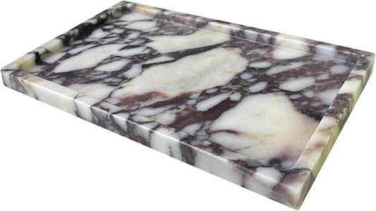 OAIQNUJ Natural Marble Vanity Tray, 9.8"x5.9" Genuine Calacatta Viola Marble Tray for Bathroom/Kitchen/Dresser