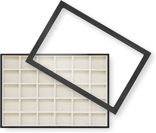 Wudygirl Jewelry Organizer 30 Grid Jewelry Tray with Lid Earring Holder Organizer for Women Ring Earring Bracelet Holder Storage (Pu Black Beige)