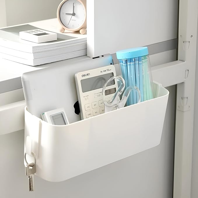 MEVOPHEE Bedside Organzier Caddy Hanging, Plastic Bunk Bed Shelf with Hooks, Large Storage Holder for Dorm Room Bed, Hospital Bed, Baby Bed Rails, 11 Lbs / 5 Kg Capacity (White)
