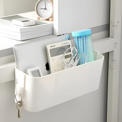 MEVOPHEE Bedside Organzier Caddy Hanging, Plastic Bunk Bed Shelf with Hooks, Large Storage Holder for Dorm Room Bed, Hospital Bed, Baby Bed Rails, 11 Lbs / 5 Kg Capacity (White)