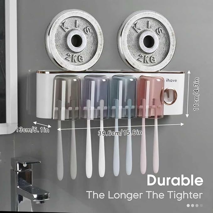 iHave Toothbrush Holders Bathroom Accessories with Toothpaste Dispenser, 4 Cups Toothbrush Holder Wall Mounted Bathroom Decor