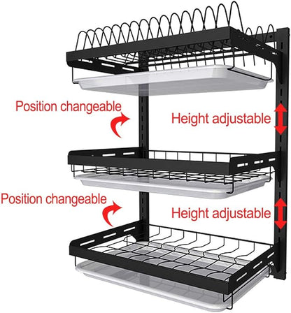 junyuan Hanging Dish Drying Rack Wall Mount,Dish Racks Drainer,3 Tier Kitchen Plate Organizer Storage Shelf with Drain Tray with 3 Hooks,Stainless Steel Black Large Ajustable Height