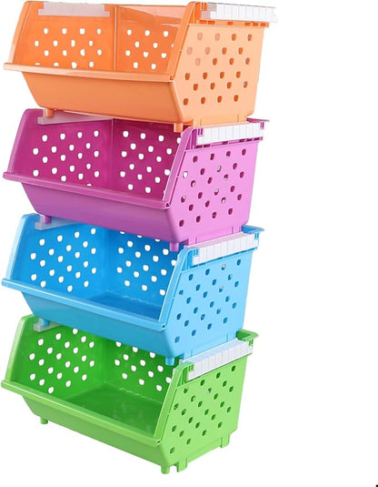 Ramddy 4 Tiers Kitchen Stackable Storage Basket, Plastic Multi-functional Stacking Basket Bin, Colored Pantry Storage Bin