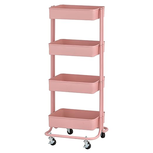 ECR4Kids 4-Tier Metal Rolling Utility Cart, Multipurpose Storage, Pink