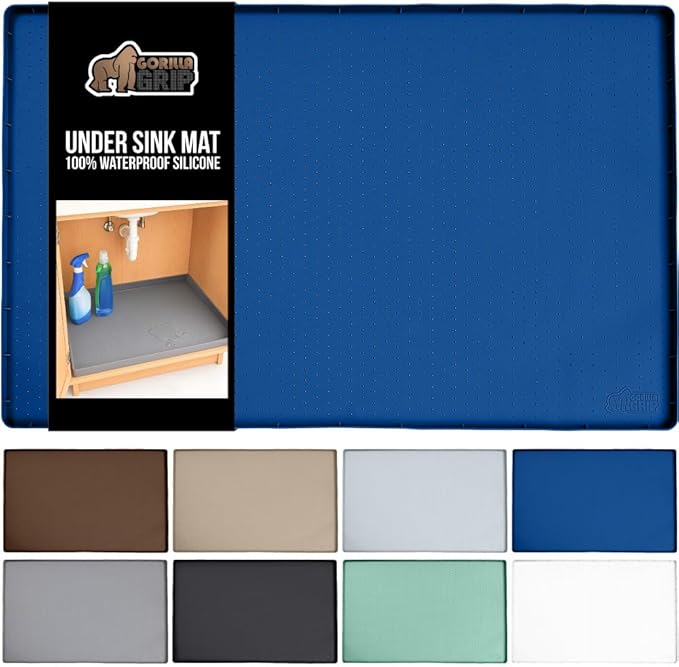 GORILLA GRIP Waterproof Silicone Under Sink Mat with Raised Lip for Kitchen and Bathroom, 46 x 22 in, Cabinet Shelf Liner Stay in Place Mats Dishwasher Safe Drawer Liner, Organizer Tray, Blue