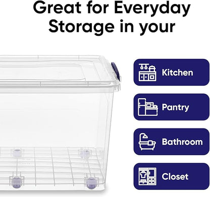 Superio Storage Bins with Lids- Clear Boxes for Organizing, Stackable Plastic Containers- BPA Free, Non-Toxic, Odor Free, Organizer for Home, Office, Dorm (6 Pack, 44 Qt (Wheeled))