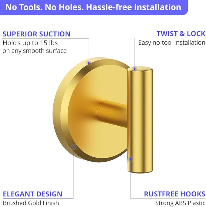 HOME SO Suction Cup Hooks T Shape (2 or 4 Pack) (Brushed Gold, 2, Count)