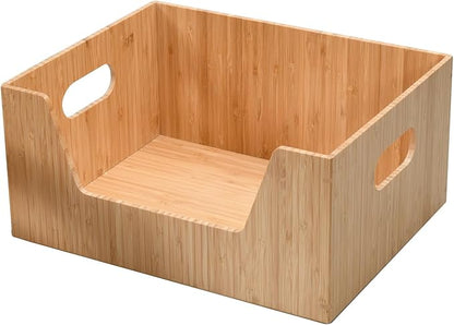 Bamboo Storage Box with Open Front Stackable Bin Organizer to use in kitchen pantries, cabinets and countertops, 14 x 11 x 6.5 inches