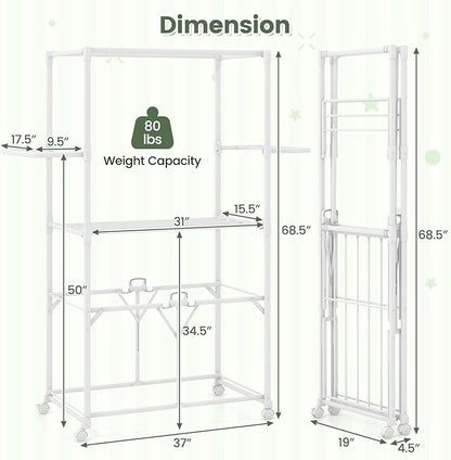 Tangkula Foldable Clothes Drying Rack, 68.5" Aluminum Laundry Rack with Hanging Rods & Drying Shelves, Universal Wheels with Brakes, Indoor Outdoor Garment Rack for Household Use (White)
