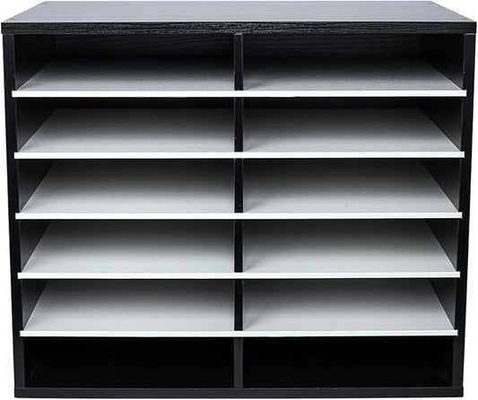 EasyPAG Wooden Literature Organizer with Adjustable Shelves, 12 Compartments Office Paper Organizer Storage 6000 Sheets Letter Size Paper, Student Mailbox for Classroom, Black/White