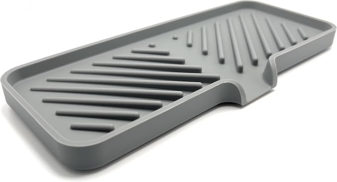 Happitasa Silicone Soap Dish Tray and Sponge Holder with Drain Chute and Feet | 3-Way Sloped Design | Bathroom and Kitchen Sink Organizer Caddy (Grey, 10"x4")