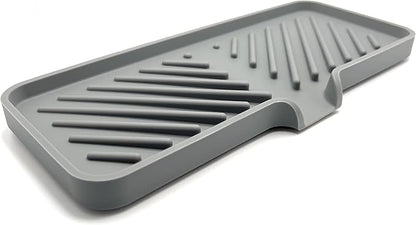 Happitasa Silicone Soap Dish Tray and Sponge Holder with Drain Chute and Feet | 3-Way Sloped Design | Bathroom and Kitchen Sink Organizer Caddy (Grey, 10"x4")