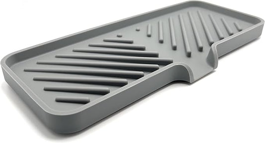 Happitasa Silicone Soap Dish Tray and Sponge Holder with Drain Chute and Feet | 3-Way Sloped Design | Bathroom and Kitchen Sink Organizer Caddy (Grey, 10"x4")