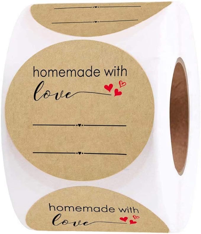 2 Inch Homemade with Love Sticker with Lines for Writing (500 Labels per roll) Brown Kraft Stickers for Canning Labels Jar, Store Owners, Crafts, Organizing, Gift, Price Tags, Envelop Seal