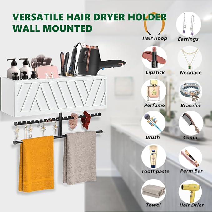 Ronjnndc Rustic Hair Dryer Holder Wall Mounted,Hair Styling Tools & Accessories Organizer,Bathroom Supplies & hot Tools vanities Organizer Caddy,for Storage Flat Iron,Blow Dryer,Curling Iron,Towel