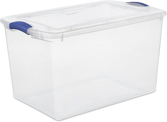 66 Quart Large Clear Plastic Storage Bin – Airtight Latch Lid Container with Blue Handles, Stackable & Durable for Closets, Garages, Dorm Rooms & Basements (Fits Bedding/Seasonal Clothes)