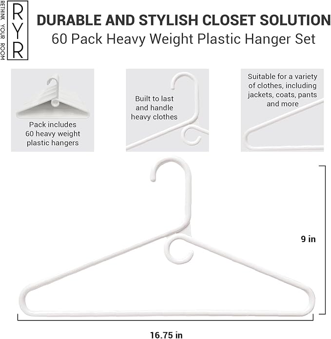 Rethink Your Room Clothes Hangers 60 Pack Plastic - Heavy Duty Space Saving Coat, Velvet Hangers, Pant Hangers for Closet Organization - Durable Non-Slip, White Wardrobe Essentials Bulk Storage