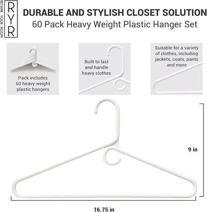 Rethink Your Room Clothes Hangers 60 Pack Plastic - Heavy Duty Space Saving Coat, Velvet Hangers, Pant Hangers for Closet Organization - Durable Non-Slip, White Wardrobe Essentials Bulk Storage