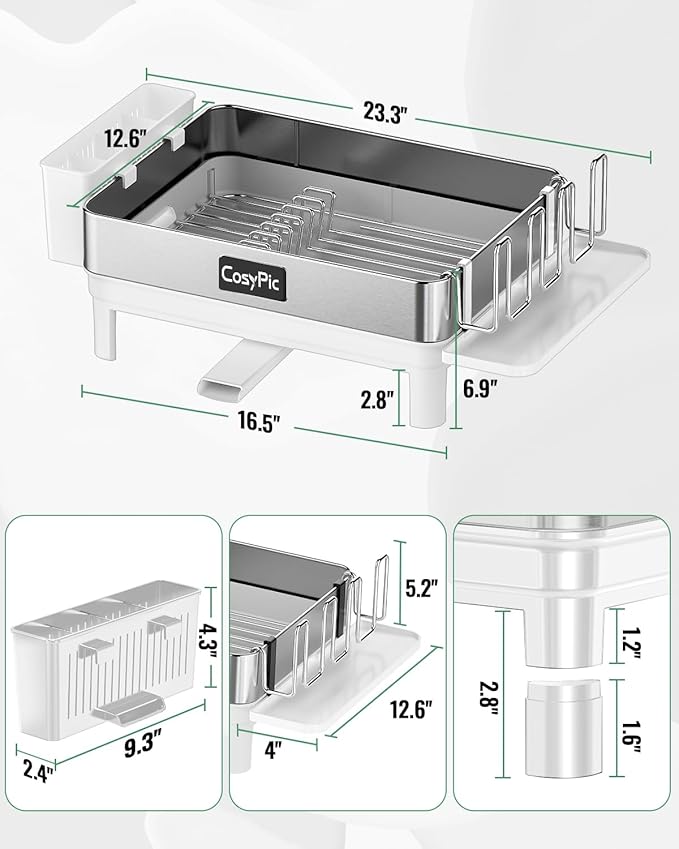 CosyPic Dish Racks, Thicker Premium 304 Stainless Steel Dish Drying Rack for Kitchen Counter, Automatic Drainage Spout, Dish Drainer & Drainboard Set with Utensil Holder and Cup Holder, White