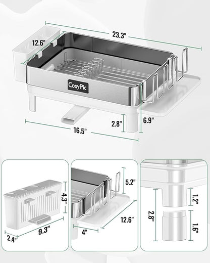 CosyPic Dish Racks, Thicker Premium 304 Stainless Steel Dish Drying Rack for Kitchen Counter, Automatic Drainage Spout, Dish Drainer & Drainboard Set with Utensil Holder and Cup Holder, White