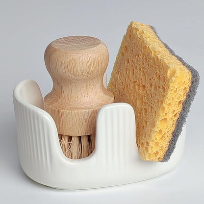 BekPooQ Ceramic Sponge Holder, 2-Slot Dish Sponge Holder for Kitchen Sink, Keeps Sponges Dry & Countertop Clean, Rust-Free & Dishwasher Safe, Stylis Design, Modern White