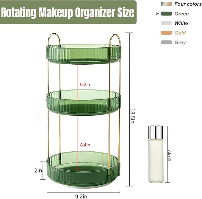 Weidace 360 Rotating Makeup Organizer for Vanity, Bathroom Countertop Spinning Perfume Organizer, High-Capacity Cosmetic and Skincare Dresser Make Up Holder Rack (3 Tiers, Green)