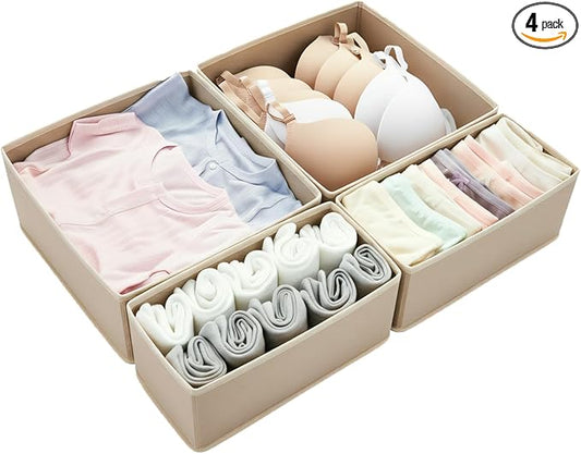 Drawer Organizer Set 4 Pack - 11" Fabric Storage Bins for Underwear Socks Bras Baby Clothes - Closet Dresser Dividers for Bedroom Nursery, Khaki
