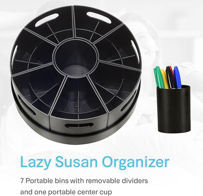 PUZZLE EZ Black Rotating Desk Organizer Lazy Susan Caddies for Home School Office Supplies, Pens, Markers and Art Supplies for Classroom