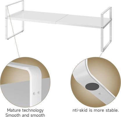 16.5~27.1" Expandable Shelf Organizer, 1Pack 8.1" Wide Stackable Cabinet Shelf Organizers, White Metal Sturdy Kitchen Counter Storage for Countertop, Adjustable Height Spice Rack