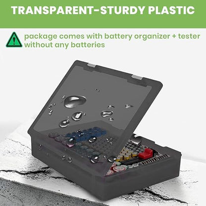 Battery Organizer Storage Holder- Batteries Case Containers Box with Tester Checker BT-168. Garage Organization Holds 225 Batteries AA AAA C D Cell 9V 3V Lithium LR44 CR2 CR1632 CR2032 (Black)