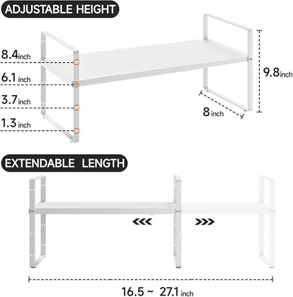 jkxoo 16.5-27’’L Expandable Cabinet Shelf Organizers, Stackable Metal Shelves Extender for Kitchen Countertop Storage, Adjustable Spices Shelves Rack Stand for Cupboard Pantry, White