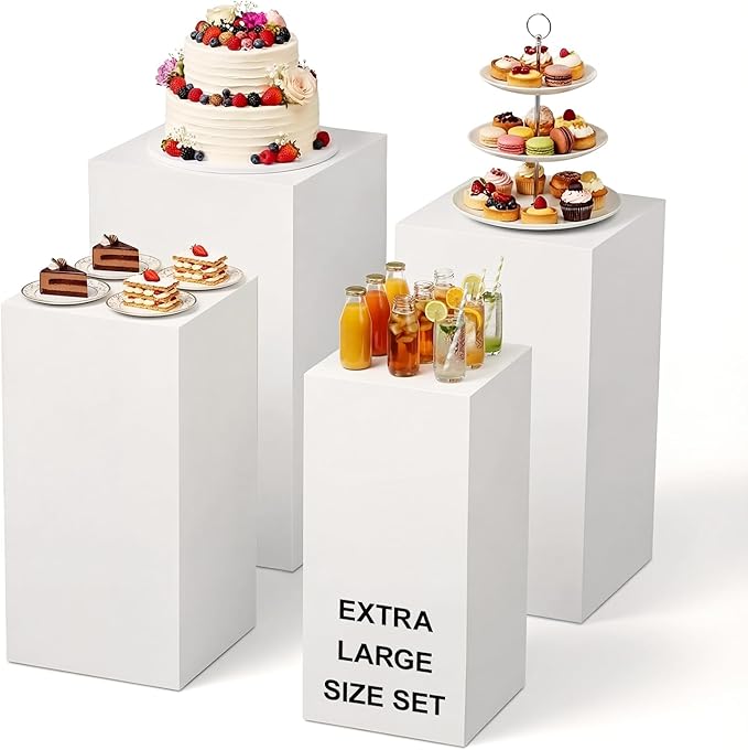 BreezeHug 4 Pcs Extra Large Buffet Risers, Acrylic Food Risers for Buffet Table Display Stand Shelf White Cube Nesting Boxes for Catering Dessert Collectibles Jewelry(17.7",16.7",15.7",14.7")