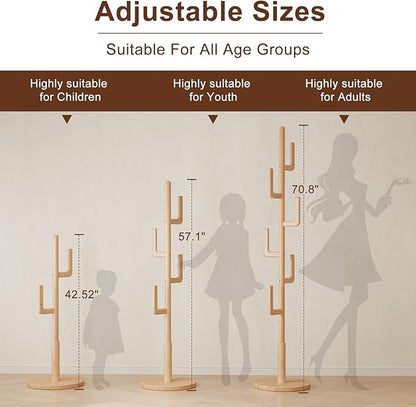 Solid Wood Cactus Coat Rack, Freestanding Coat Rack With 6 L-Shaped Hooks and 3 Adjustable Sizes, Coat Tree for Bedroom, Entryway, Livingroom, Coat Hanger Stand for Coats, Handbags (Natural)