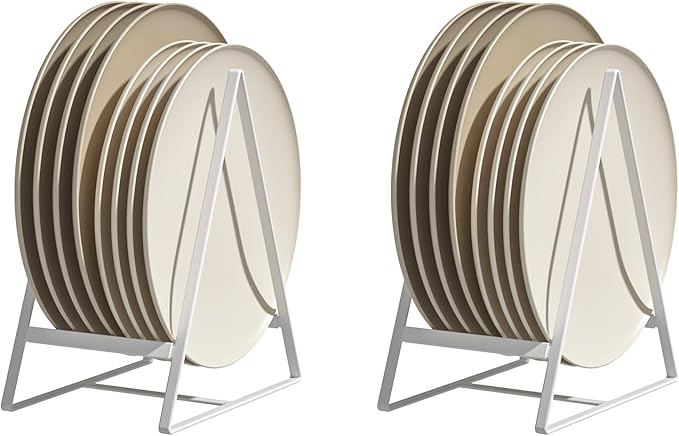 Hikinlichi 2 Pack Triangle Plate Holders Organizers Large Upright Cabinet Dish Drying Racks Metal Plate Dish Organizers Racks Stands for Countertop and Cupboard White