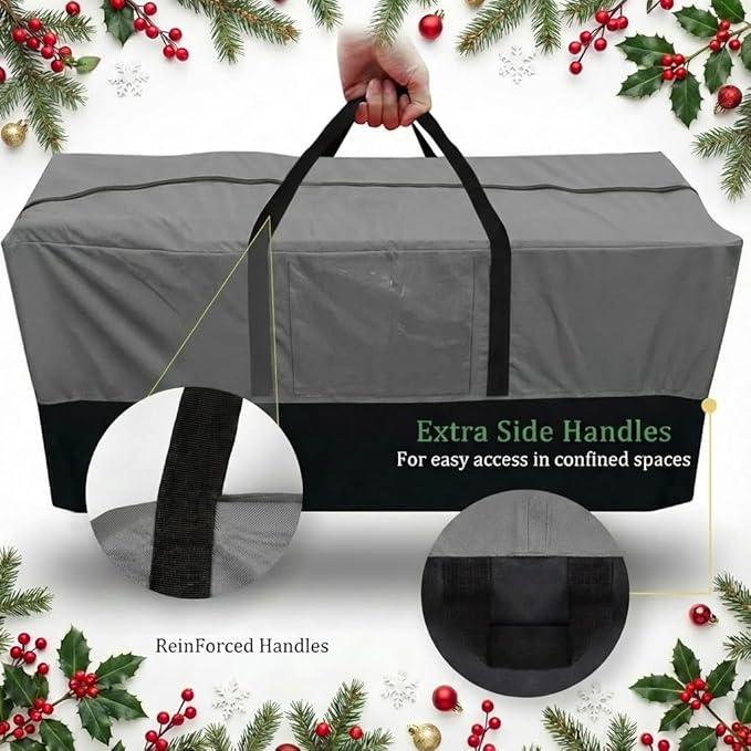 Christmas Tree Storage Bag, Fits Up to 10-12 Ft Tall Artificial Trees, Heavy Duty 600D Oxford Skeleton Storage Box with Reinforced Handles, Zipper, Transparent Pocket, Gray