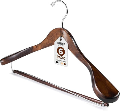 DEILSY Wide Shoulder Wooden Suit Hangers with Non-Slip Pants Bar & 360° Swivel Hook - Smooth Finish Coat Hangers for Men and Women - Heavy Duty Clothes Hanger – Pack of 6