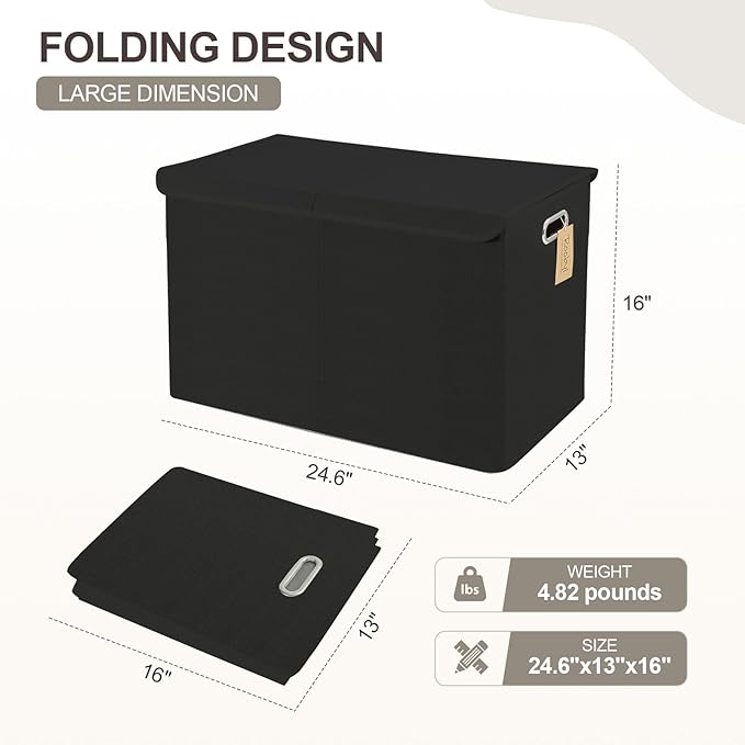 Large Toy Storage Box with Lid, Collapsible Toys Storage Organizer Bins with Dividers and Handles, Storage Chest Bin for Kids, Boys, Girls, Nursery 25"x13" x16" (Black)
