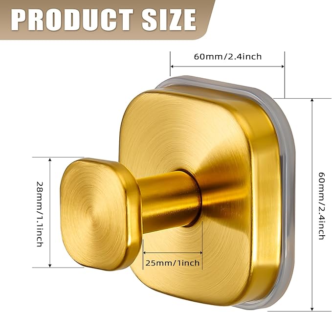 Fenas Suction Cup Hooks for Shower - Resuable Bathroom Hooks for Towels, Robes & Loofah - No-Drill Mounting on Kitchen,Walls,Metal,Glass,Mirrors,Tile & Smooth Non-Porous Surfaces (2, Brushed Gold)