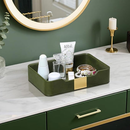MEIBOOCH 10.2" x 6.7" Nightstand Organizer Tray with Gold Accent, Decorative Valet Trays Cologne Organizer for Men, Key Bowl Perfume Trinket Tray for Dresser Bedside Entryway Table (Dark Green)