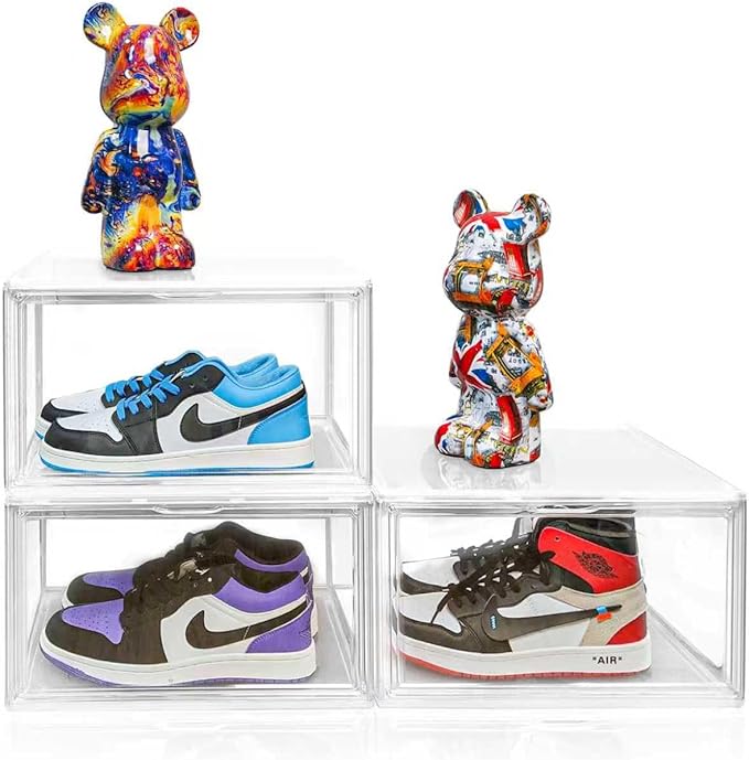EDS FAM 1 Pack Shoe Display Case Plastic Shoe Storage Box with Magnetic Acrylic Door Size 12.5, Transparent Sneaker Boxes Shoe Rack Substitute Closet Organizers Storage Bins, Easy Assembly