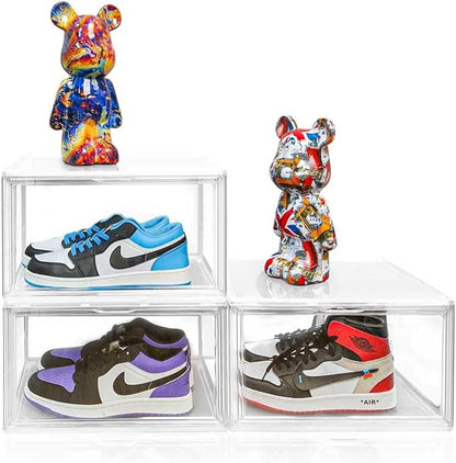 EDS FAM 1 Pack Shoe Display Case Plastic Shoe Storage Box with Magnetic Acrylic Door Size 12.5, Transparent Sneaker Boxes Shoe Rack Substitute Closet Organizers Storage Bins, Easy Assembly