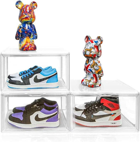 EDS FAM 1 Pack Shoe Display Case Plastic Shoe Storage Box with Magnetic Acrylic Door Size 12.5, Transparent Sneaker Boxes Shoe Rack Substitute Closet Organizers Storage Bins, Easy Assembly