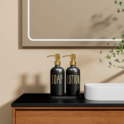 MOMEEMO Bathroom Soap Dispenser Set, Contains Hand Soap and Lotion Dispenser, Suitable for Black and Gold Bathroom Decor. (Black & Gold)