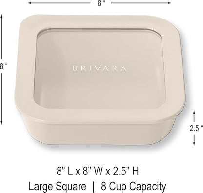 Ceramic Coated Glass Food Storage Container | No PTFE, PFOA, PFAS, and BPA | Reusable Non Toxic Meal Prep Container with Glass Lid | Easy To Store | 8 Cup Square [Crema]
